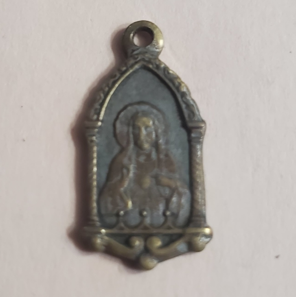 Double Sided Vintage Jesus And Mary Pendant  Catholic Brass Color Nice Patina